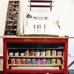Letterpress work bench with ink and cleaning supplies